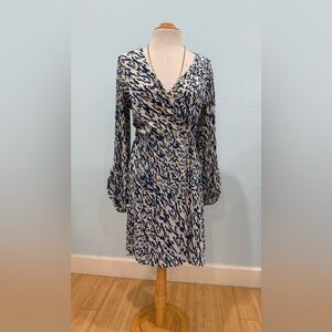 H&M Navy and Beige Kimono Wrap Dress with Long Sleeves